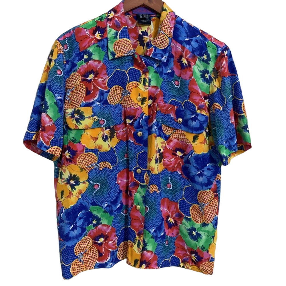 Vtg Escada Womenâs 100% Silk Hawaiian Blouse Floral Multicolor Button Down 40/M